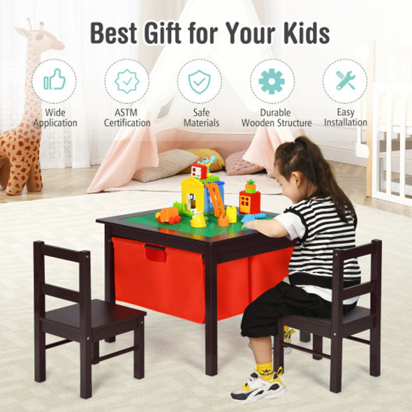 2-in-1 Kids Double-sided Activity Building Block Table with Drawers-Brown