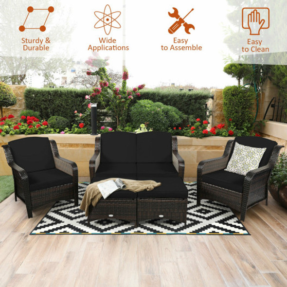 5 Pieces Patio Rattan Sofa Set with Cushion and Ottoman-Black