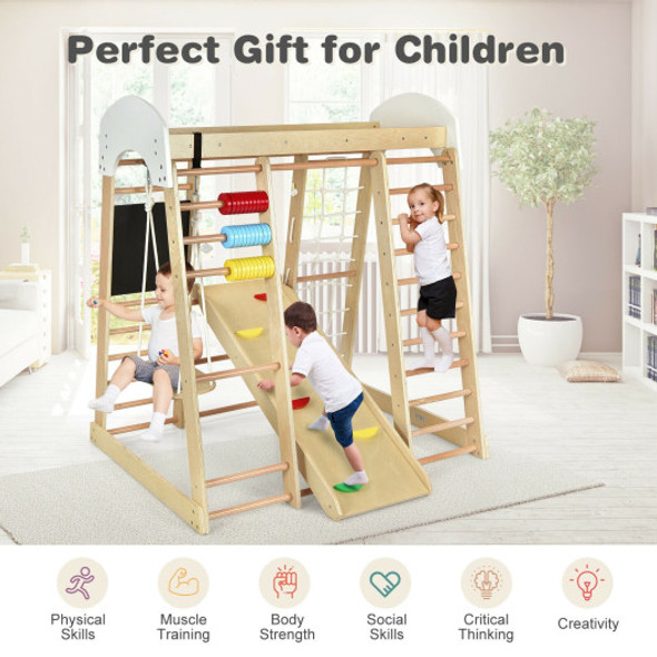 Indoor Playground Climbing Gym Wooden 8 in 1 Climber Playset for Children-Natural