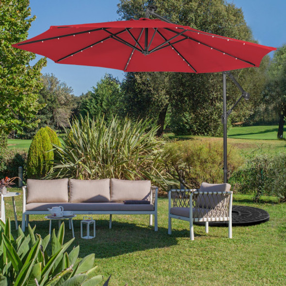 10 Feet Patio Solar Powered Cantilever Umbrella with Tilting System-Red