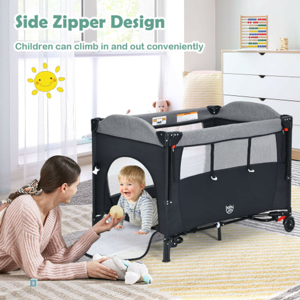 5 in 1 Baby Nursery Center Foldable Toddler Bedside Crib with Music Box-Black