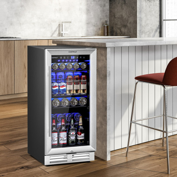 15 Inch 100 Can Built-in Freestanding Beverage Cooler Refrigerator with Adjustable Temperature and Shelf-Silver