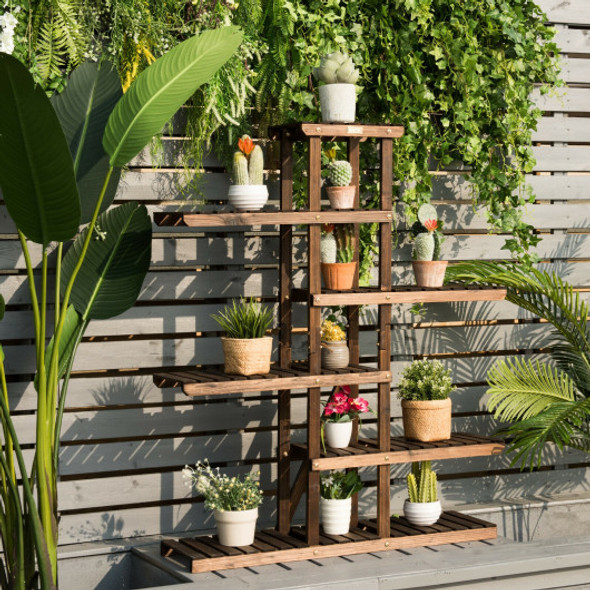 6 Tier Wood Plant Stand with Vertical Shelf Flower Display Rack Holder-Brown