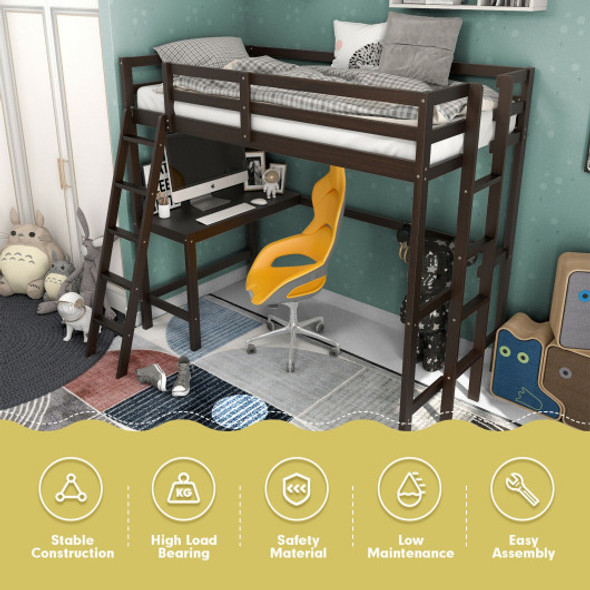 Twin Size Loft Bed Frame with Desk Angled and Built-in Ladder-Espresso