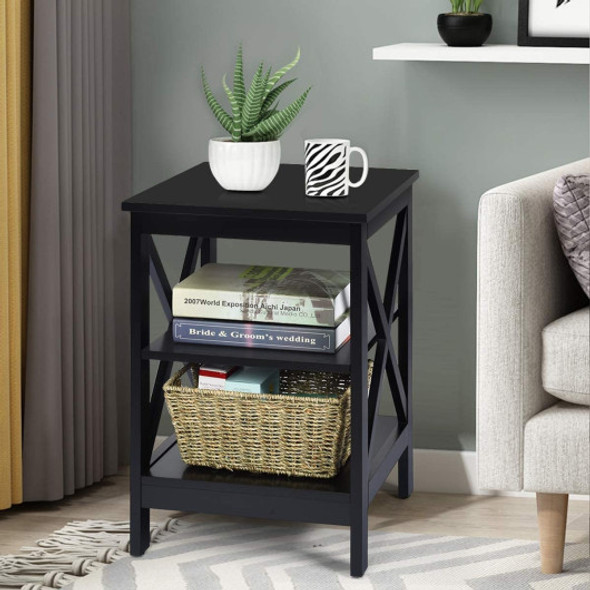 Nightstand 3-Tier X-Design with Storage Shelves-Black