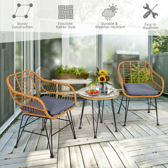 3 Pieces Rattan Furniture Set with Cushioned Chair Table-Gray