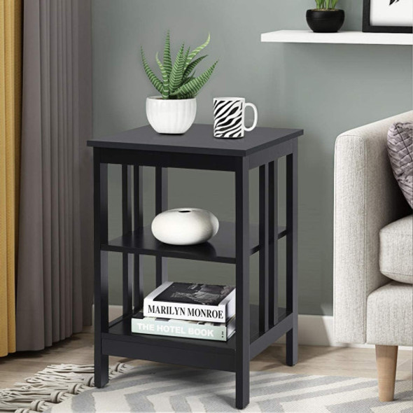 Set of 2 Multifunctional 3-Tier Nightstand Sofa Side Table with Reinforced Bars and Stable Structure -Black