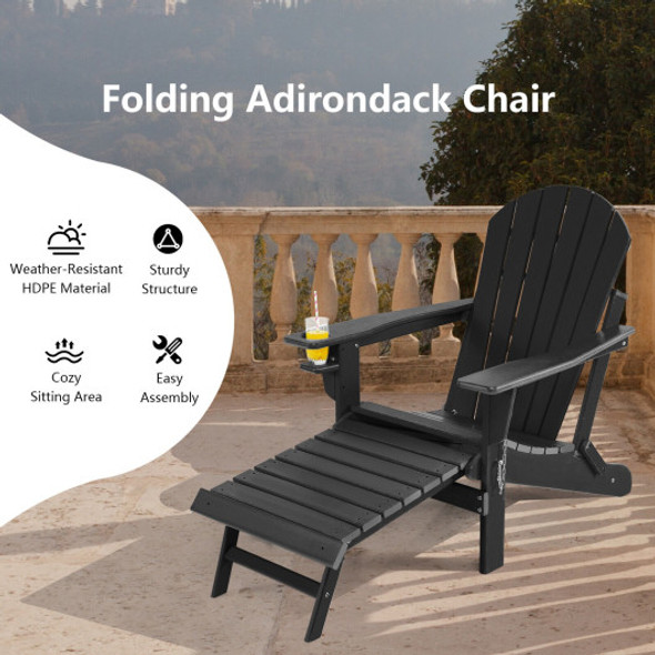 Patio All-Weather Folding Adirondack Chair with Pull-Out Ottoman-Black