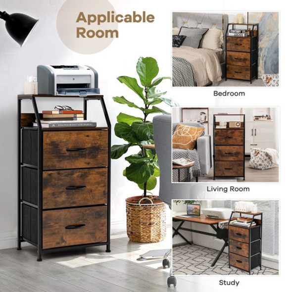 3 Drawer Storage Organizer Dresser with Wood Top and Sturdy Steel Frame-Rustic Brown
