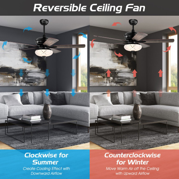 52 Inch Ceiling Fan with 3 Wind Speeds and 5 Reversible Blades-Gray