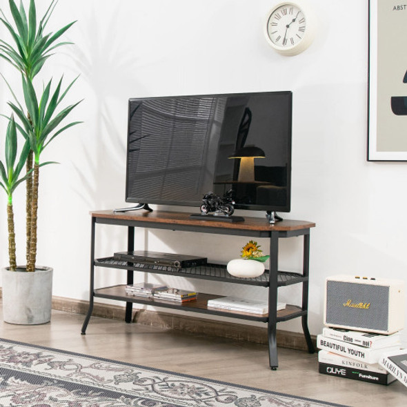 3-tier Console Table TV Stand with Mesh Storage Shelf-Rustic Brown