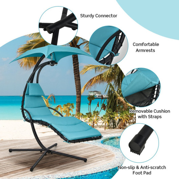 Hanging Curved Steel Swing Chaise Lounger with Removable Canopy and Overhead Light-Turquoise