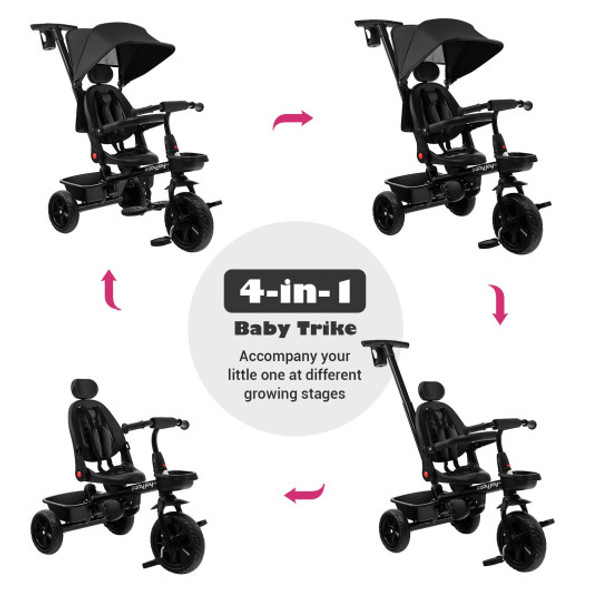 4-in-1 Reversible Toddler Tricycle with Height Adjustable Push Handle-Black