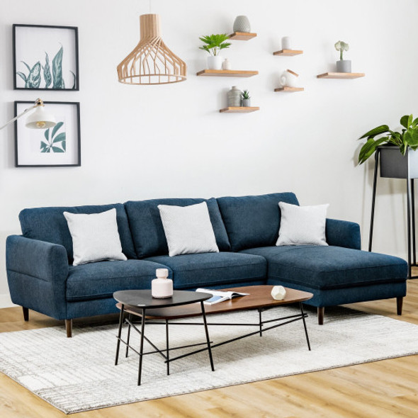 L-Shaped Fabric Sectional Sofa with Chaise Lounge and Solid Wood Legs-Navy