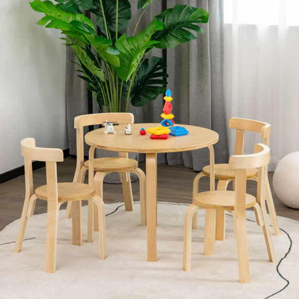 5-Piece Kids Wooden Curved Back Activity Table and Chair Set with Toy Bricks-Natural
