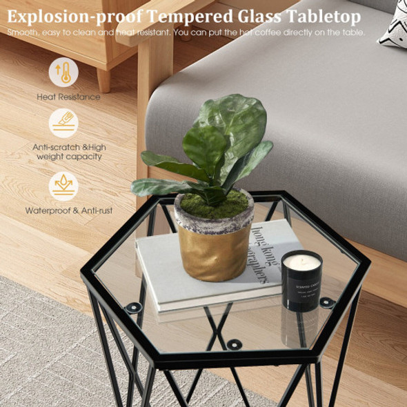 End Table Tempered Glass Top Metal Frame Hexagonal Accent Side Table Living Room