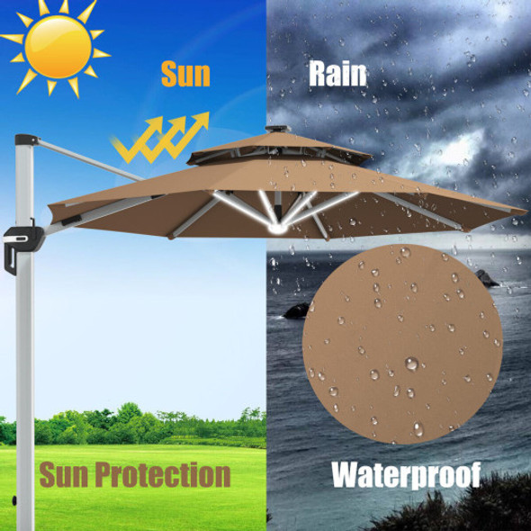 10 Feet 360° Rotation Aluminum Solar LED Patio Cantilever Umbrella without Weight Base-Tan