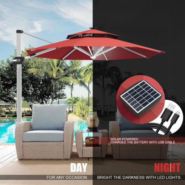10 Feet 360° Rotation Aluminum Solar LED Patio Cantilever Umbrella without Weight Base-Dark Red
