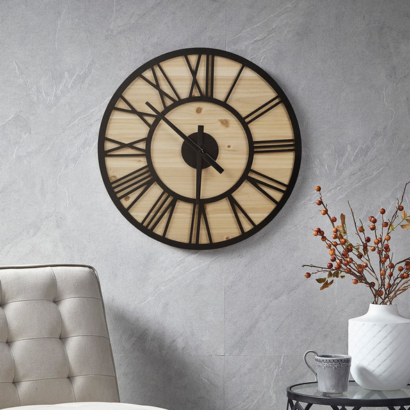 Natural Brown & Black Contemporary Rustic Mason Wall Clock - 23x23" (Mason-Natural/Black-Clock)