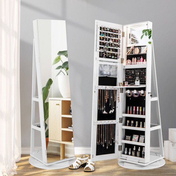 360° Rotating Mirrored Jewelry Cabinet Armoire 3 Color LED Modes Lockable-White