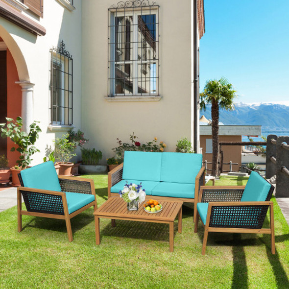 4 Pieces Patio Rattan Furniture Set with Removable Cushions-Turquoise