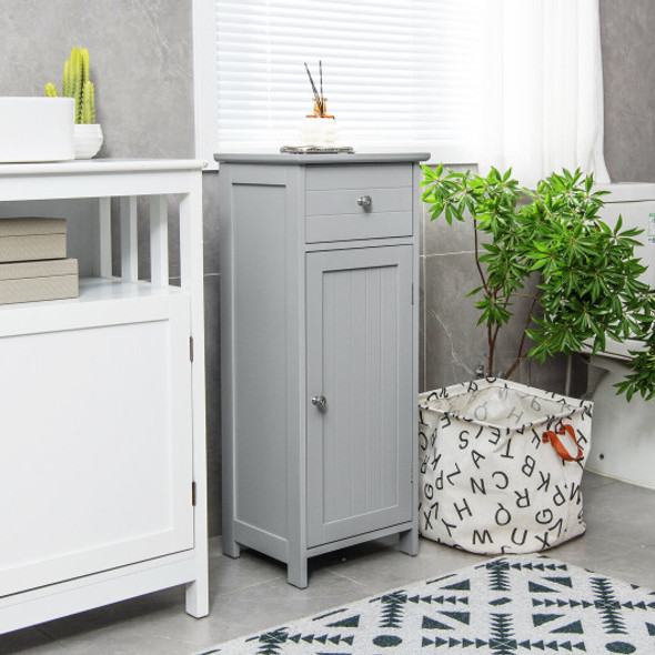 Wooden Bathroom Floor Storage Cabinet with Drawer and Shelf-Gray