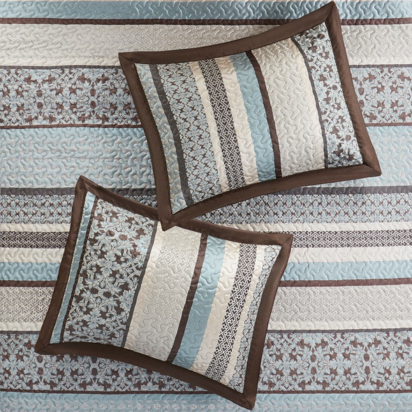 5pc Brown & Blue Geometric Medallions Bedspread Set AND Decorative Pillows (Princeton-Blue-bedspread)