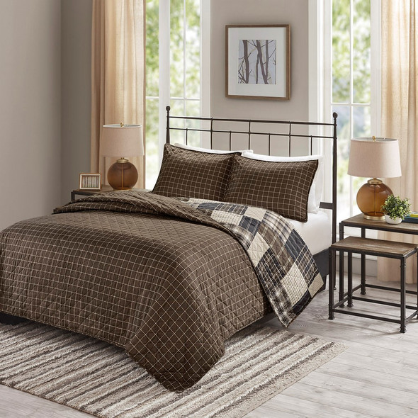 3pc Black/Brown Rustic Patchwork Plaid Coverlet AND Decorative Shams (Timber-Black/Brown-cov)