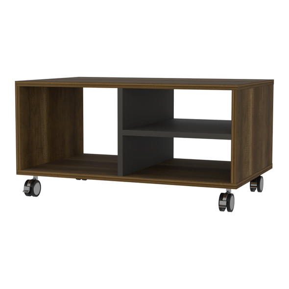 32" Walnut and Black Open Rectangular Coffee Table With Three Shelves