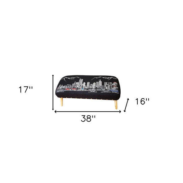 38" Black Denver Nighttime Skyline Embroidered Ottoman