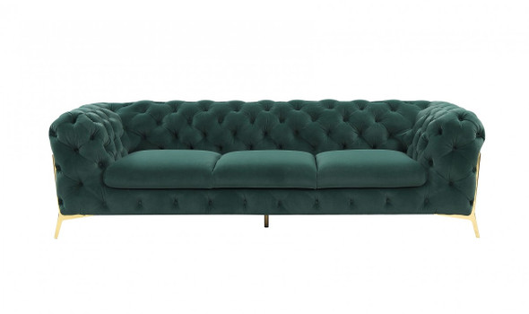 Glam 97" Green Velvet And Gold Accent Sofa