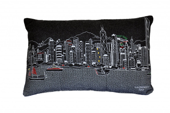 24" Black Hong Kong Nighttime Skyline Lumbar Decorative Pillow