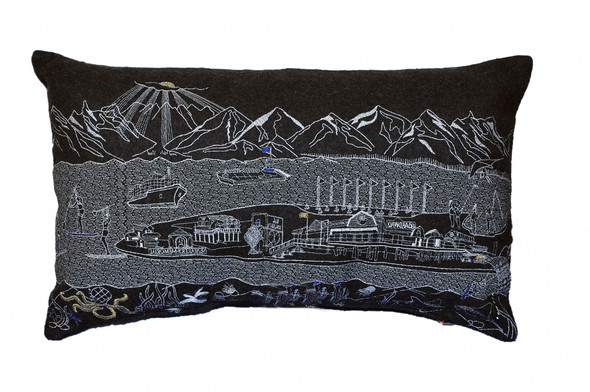 24" Black Homer Spit Nighttime Skyline Lumbar Decorative Pillow