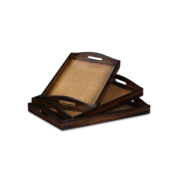 24" Brown Rectangular Wood Handmade Tray With Handles