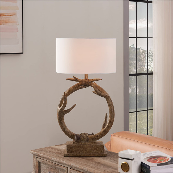 27" Brown Rustic Faux Antlers Table Lamp With White Drum Shade
