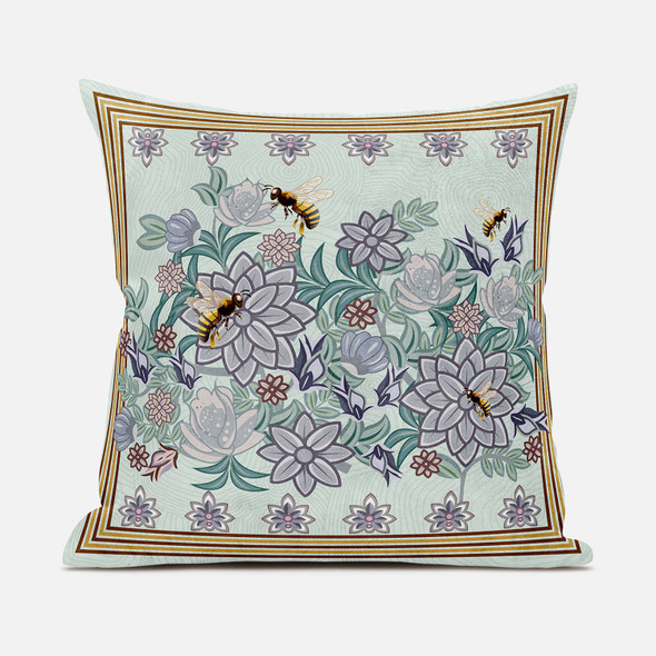 26x26 Light Green Purple Brown Bee Blown Seam Broadcloth Animal Print Throw Pillow