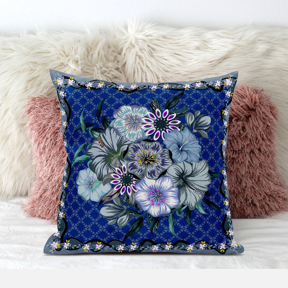 28x28 Blue Gray Blown Seam Broadcloth Floral Throw Pillow