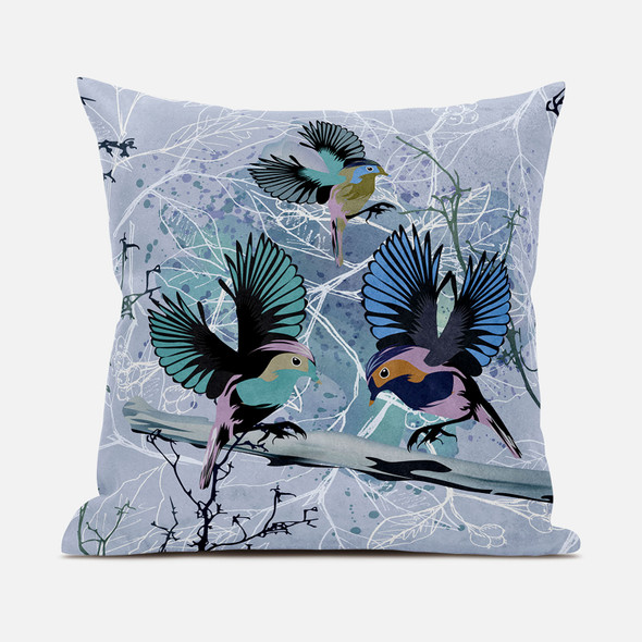 20x20 Blue Pink Gray Bird Blown Seam Broadcloth Animal Print Throw Pillow