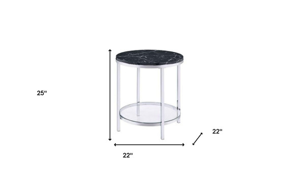 25" Chrome And Black Faux Marble And Metal Round End Table With Shelf