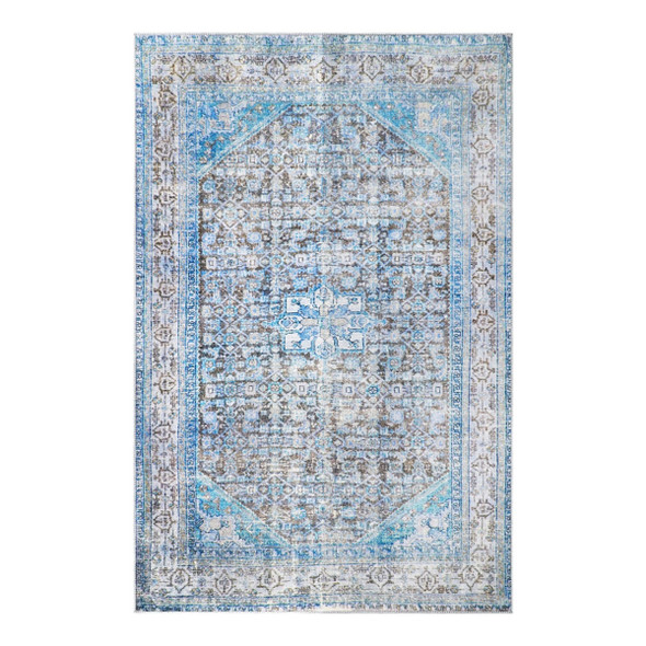 5' X 8' Shades Of Azure Oriental Stain Resistant Area Rug