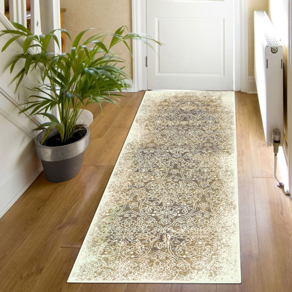 8' Camel Medallion Stain Resistant Runner Rug