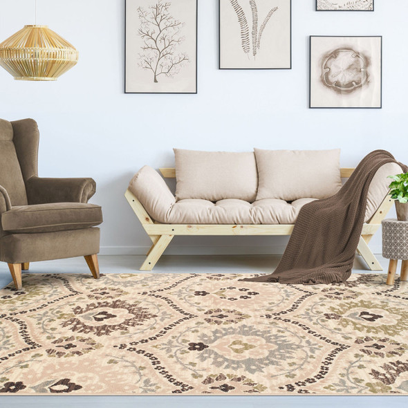 5' X 8' Ivory Gray And Olive Floral Stain Resistant Area Rug
