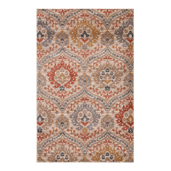 5' X 8' Ivory Orange And Gray Floral Stain Resistant Area Rug