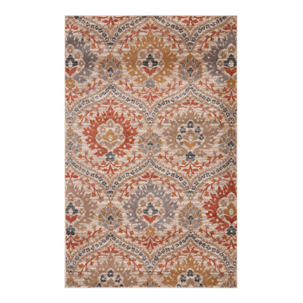 7' X 9' Ivory Orange And Gray Floral Stain Resistant Area Rug