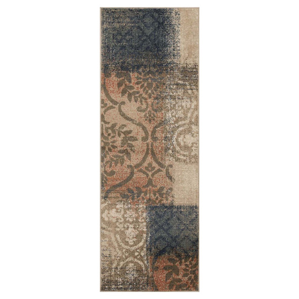 8' Navy And Salmon Damask Distressed Stain Resistant Runner Rug