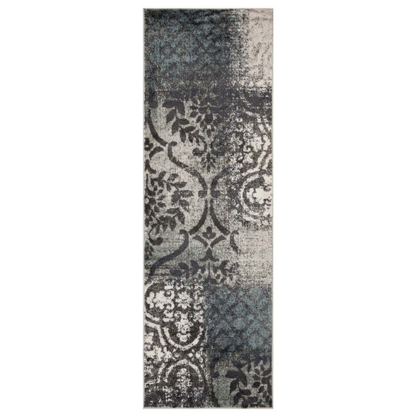 8' Teal And Gray Damask Distressed Stain Resistant Runner Rug