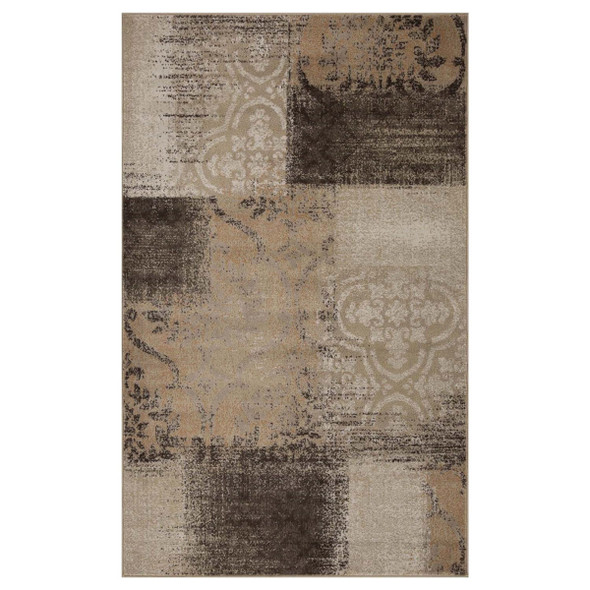 4' X 6' Beige Gray And Black Damask Distressed Stain Resistant Area Rug