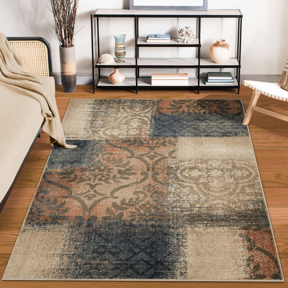 5' X 8' Navy And Salmon Damask Distressed Stain Resistant Area Rug