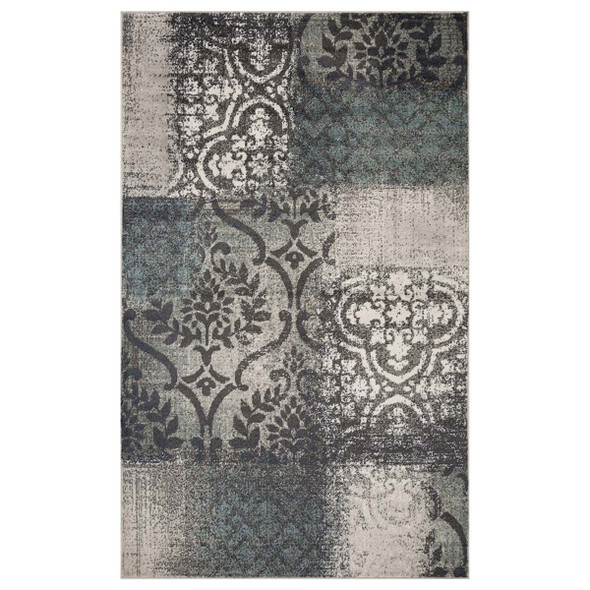 5' X 8' Teal And Gray Damask Distressed Stain Resistant Area Rug