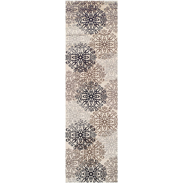 11' Tan Gray And Black Floral Medallion Stain Resistant Runner Rug